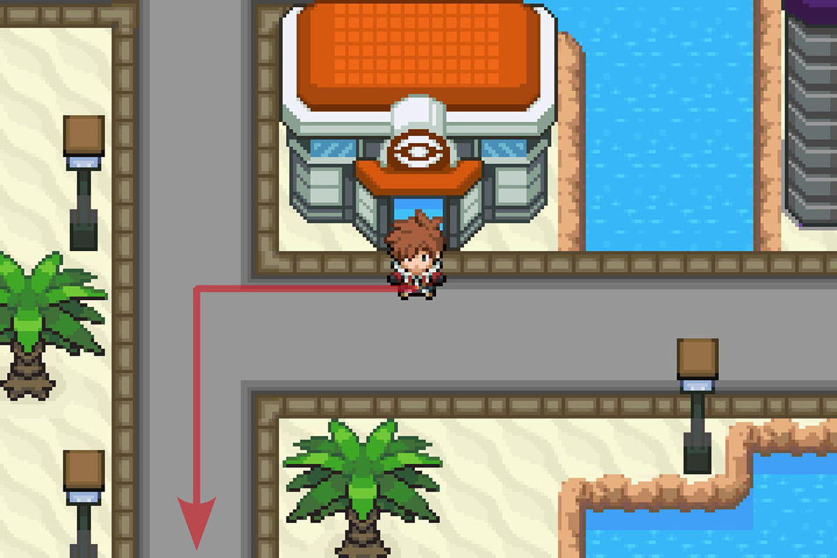 Standing outside of the Dehara City Pokémon Center. / Pokémon Unbound