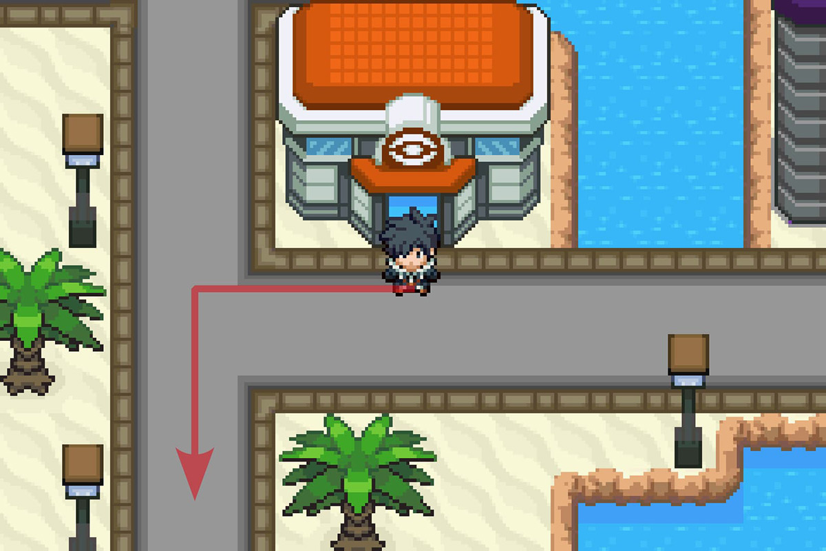 Standing outside of the Dehara City Pokemon Center. / Pokémon Unbound