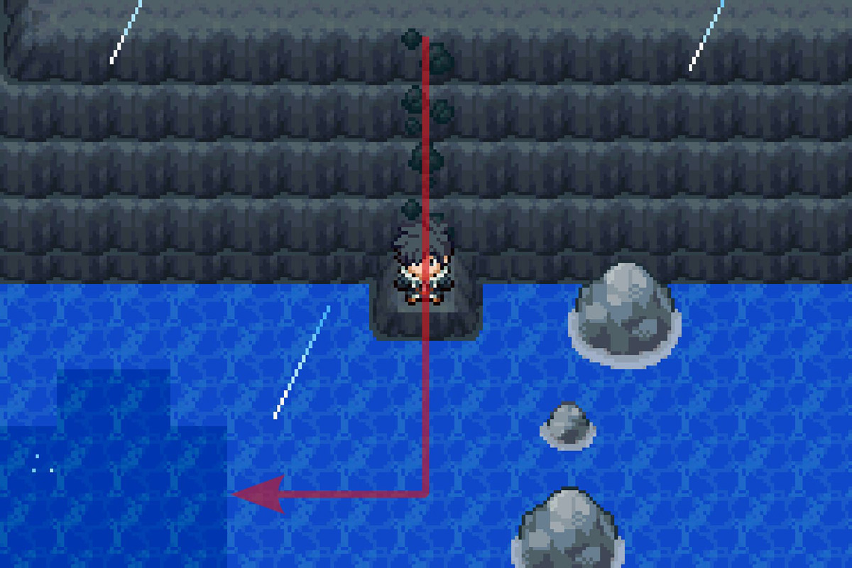 Descending from the platform and using the ADM gear to go underwater. / Pokémon Unbound