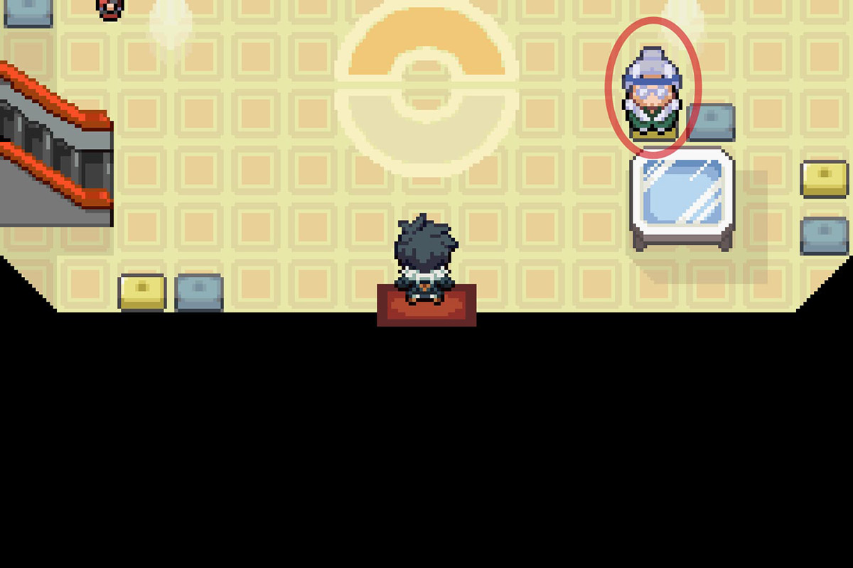 Approaching the old woman NPC in the Gurun Town Pokemon Center. / Pokémon Unbound