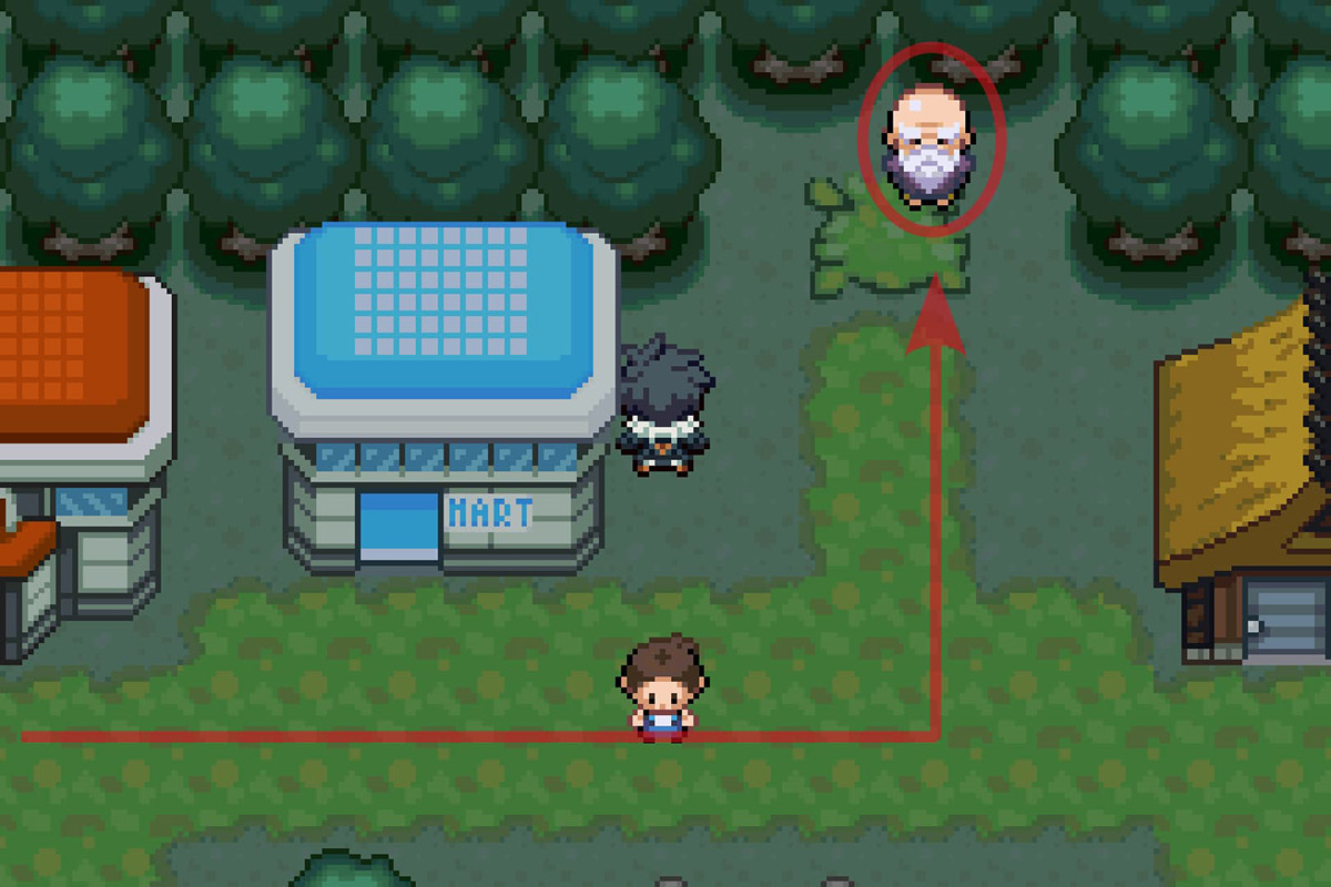 Approaching the old man NPC in Redwood Village. / Pokémon Unbound