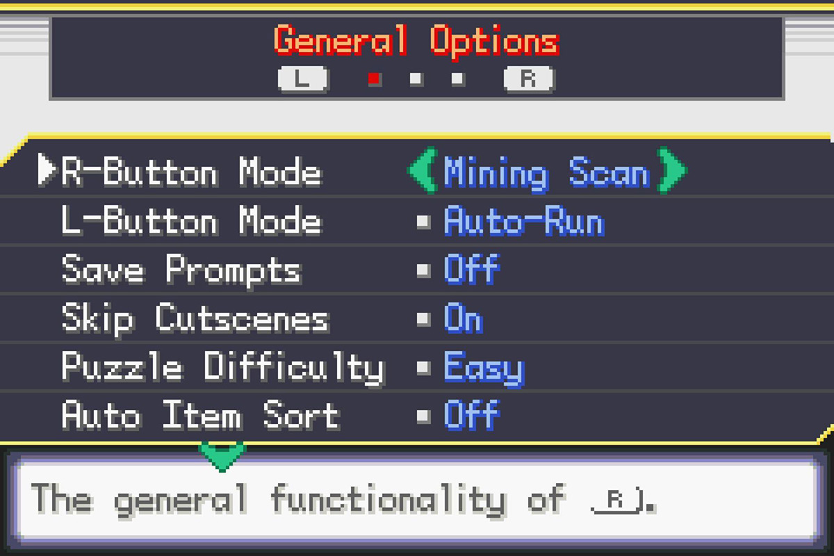 Setting the R button to mining scan. / Pokémon Unbound