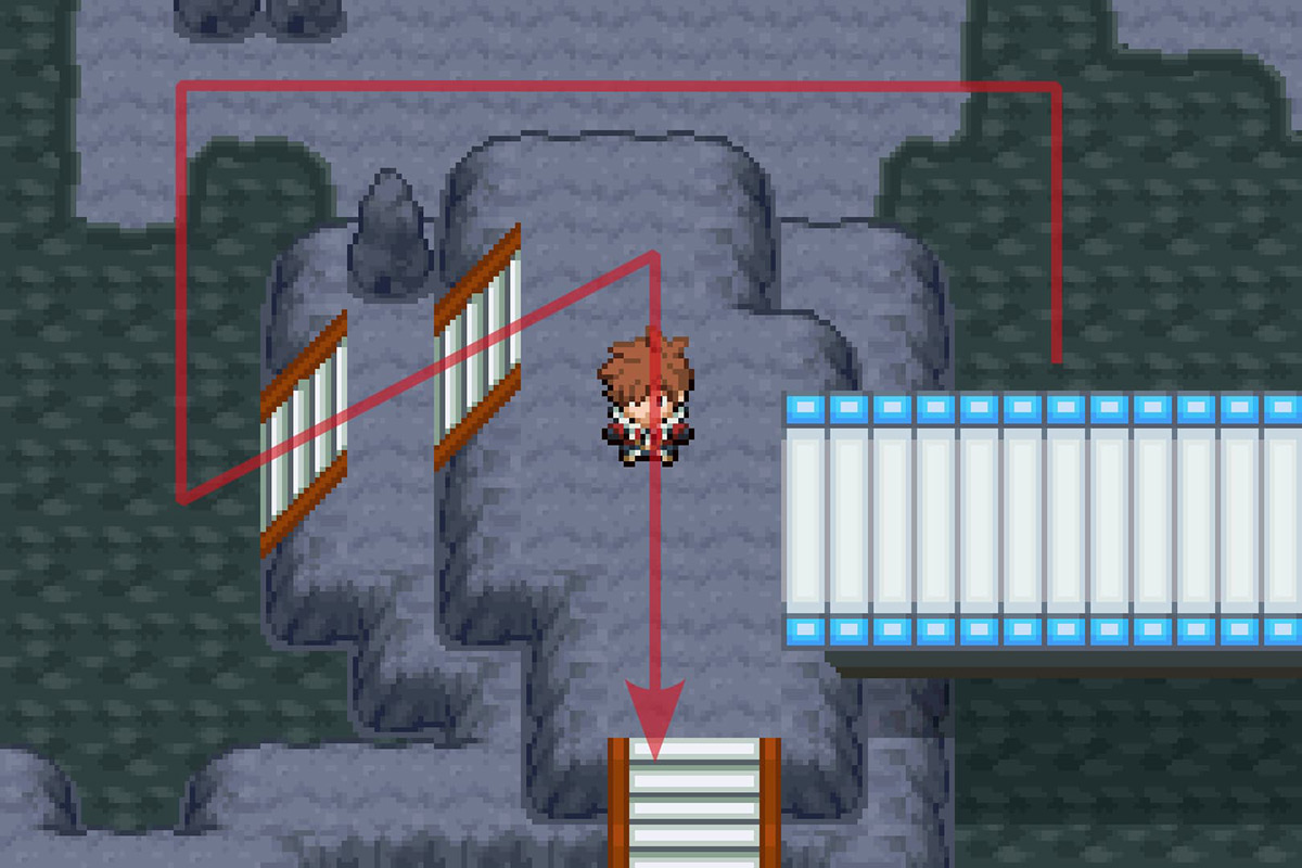 Climbing up the platform and getting off it using the south stairs. / Pokémon Unbound