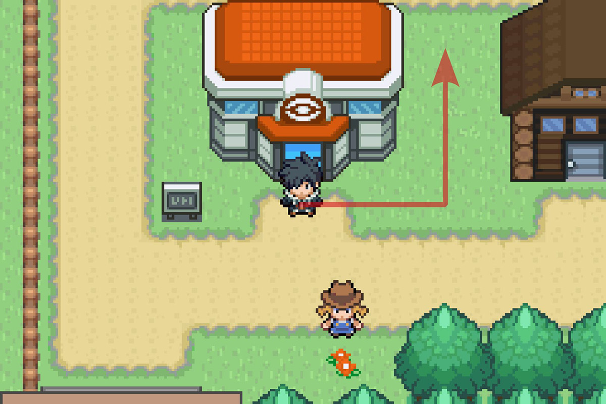 Standing outside of the Magnolia Town Pokemon Center. / Pokémon Unbound