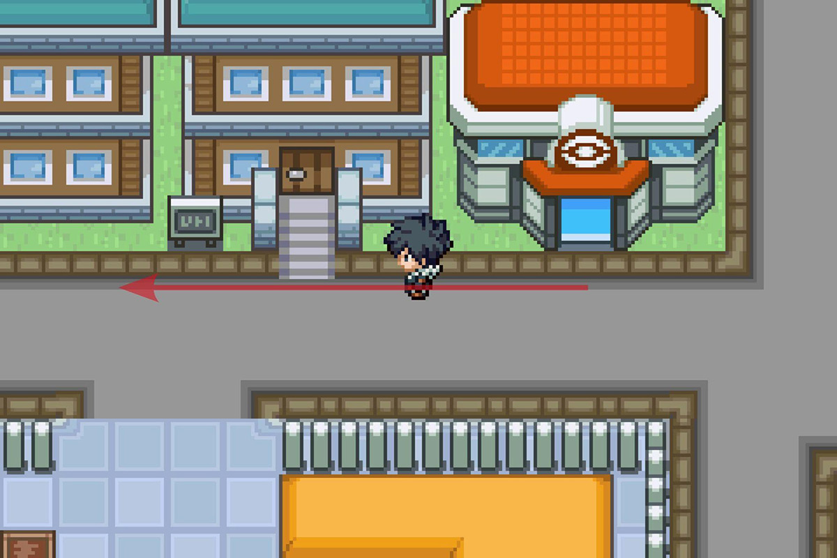 Going west from the Fallshore City Pokemon Center. / Pokémon Unbound